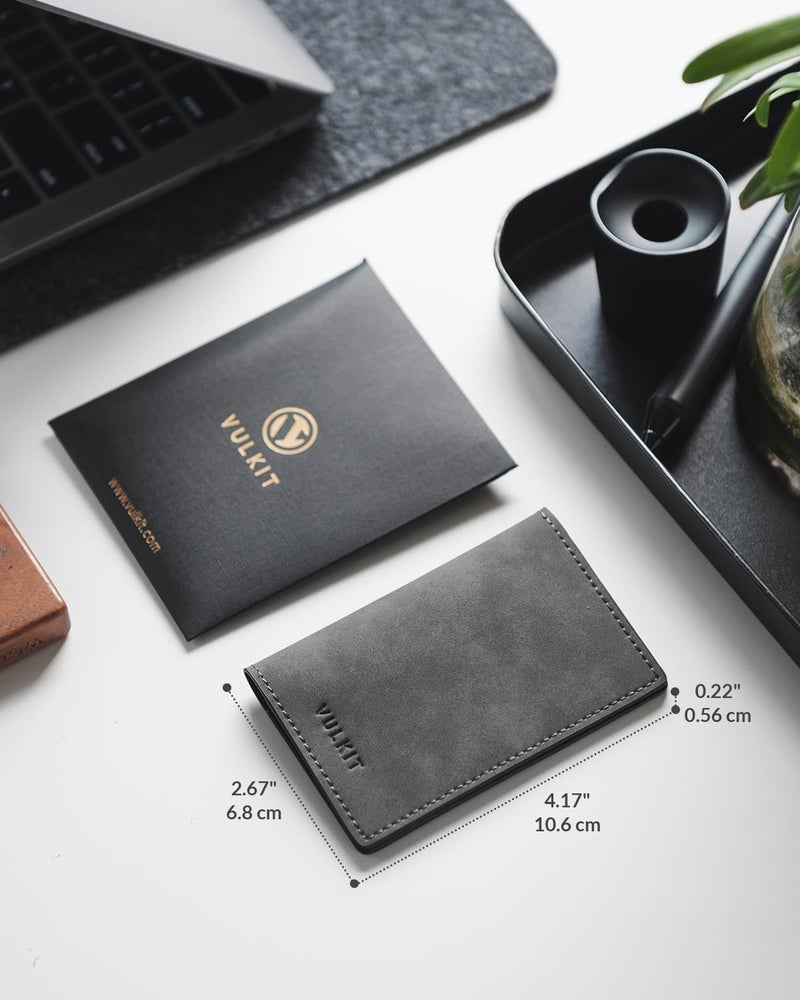 VULKIT Leather Business Card Holder 2 Sided Slim Business Name Card Organizer for Men or Women (Yangba Grey) - Image 2